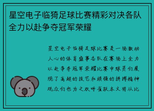 星空电子临猗足球比赛精彩对决各队全力以赴争夺冠军荣耀
